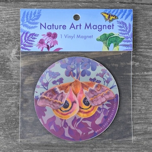 Io Moth Magnet, 3" Vinyl, Artistic Fridge magnet, Pink and Purple, Moth lover gift, Based off original Painting, circle, Moth with Eyes