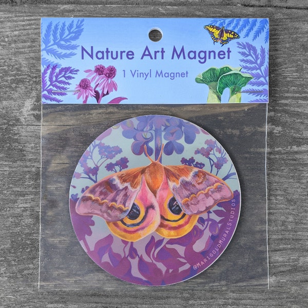 Io Moth Magnet, 3" Vinyl, Artistic Fridge magnet, Pink and Purple, Moth lover gift, Based off original Painting, circle, Moth with Eyes