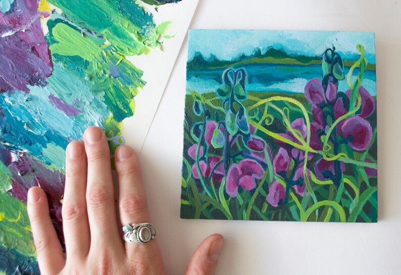 Small 5x 5 Framed /& Ready to Hang botanical art gift for nature lover Wild Sweet Peas Wildflowers Acrylic Painting Original