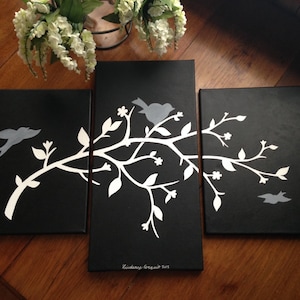 Acrylic Painting, Acrylic Paintings on Canvas, Branch and Birds, Black and White Painting, Customize, Bird Silhouette Art, 3 Panel Painting