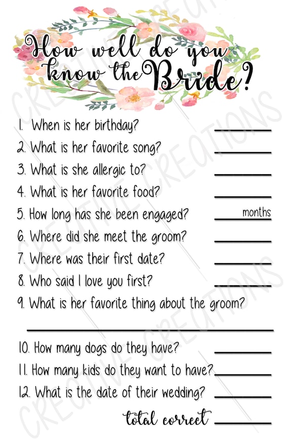 Bridal Shower Game How Well Do You Know The Bride Etsy