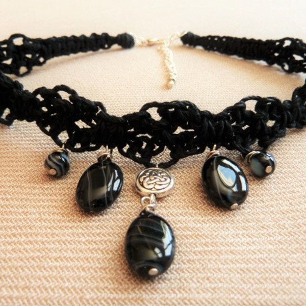 Reserved - Hall -Black Macrame Lace Choker with Banded Agate Gemstone Charms - 14" with a 2" extension chain - Christmas gift for teen girl