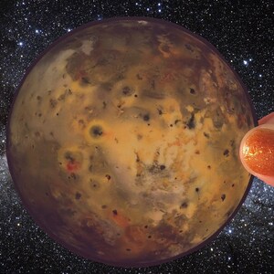 Puede incluir: Imagen digital de un planeta con superficie texturizada, con tonos marrones, naranjas y rojos. El planeta está sobre un fondo de cielo estrellado. Un dedo con esmalte de uñas naranja está tocando el planeta.