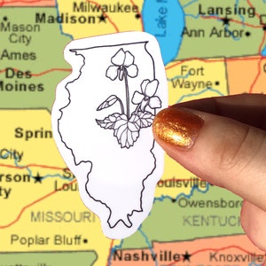 Può includere: Un adesivo bianco a forma di stato dell'Illinois, con un'illustrazione floreale in bianco e nero. L'adesivo è tenuto contro una mappa degli Stati Uniti, con città come Des Moines e Nashville visibili.