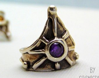 Fine Silver Medieval Shield Ring: Amethyst Stone, Size 6 3/4 - 7