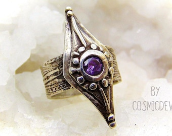 Sterling Silver Amethyst Ring, Shield Ring, Silver Ring, Statement Ring, February Birthstone, medieval Silver Ring, Wide Band Ring,size 8