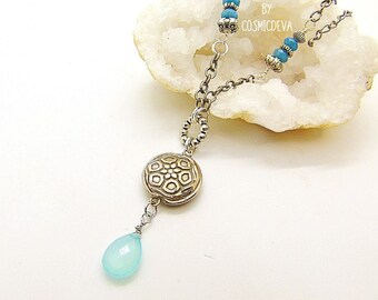 Handmade Silver Bronze Lentil Pendant Necklace: Aqua Chalcedony Mandala