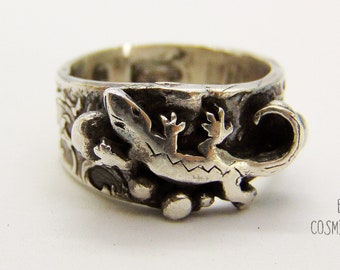 Lizard Gecko Sterling Silver Ring, Reptile Jewelry, US Size 6 Ring