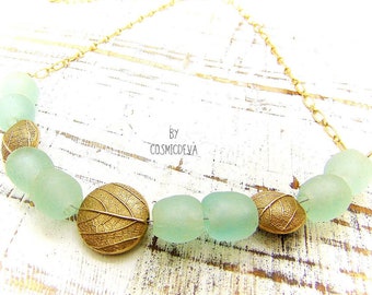 Gold Bronze Leaf Necklace: Aqua Recycled Glass, Handmade Sustainable Jewelry