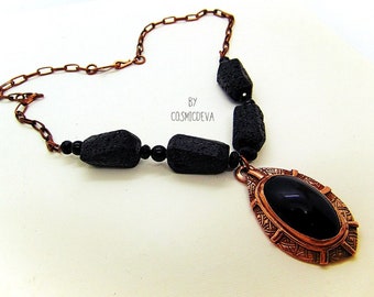 Rainbow Obsidian Copper Necklace: Lava Stone Diffuser, Handcrafted