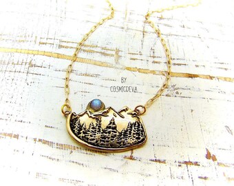 Moonstone Mountain Necklace: Gold Bronze Alpine Forest Landscape Pendant