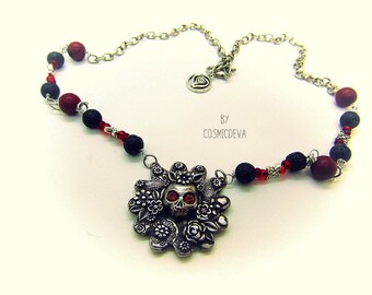 Frida Kahlo Sugar Skull Necklace: Garnet Gemstone, Silver Bronze Pendant
