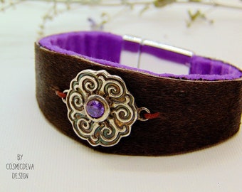 Handcrafted Leather Cuff Bracelet: Sterling Silver Amethyst, Size 7