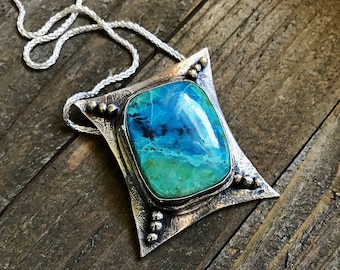 Handmade Sterling Silver Chrysocolla Pendant Necklace: Oxidized Finish