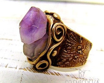 Raw Amethyst Statement Ring: Gold Bronze, February Birthstone, Size 12