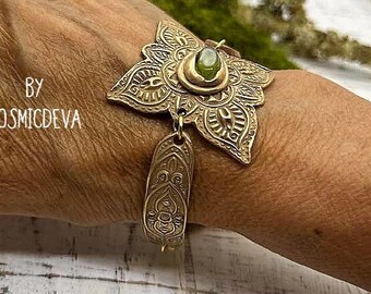 Bronze Medallion Bracelet: Raw Green Peridot, Elven Style