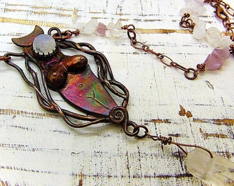 Handmade Bronze Gaia Goddess Necklace: Moonstone & Quartz Crystals