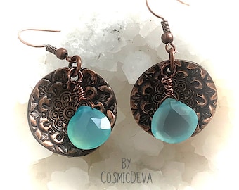 Blue Chalcedony Drop Earrings: Copper Mandala Dangle, Handmade