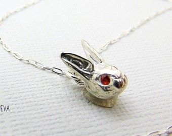 Sterling Silver Rabbit Pendant Necklace: Fire Opal Eyes, Year of the Rabbit