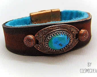 Turquoise Leather Cuff Bracelet: Handmade Copper Gemstone Bracelet