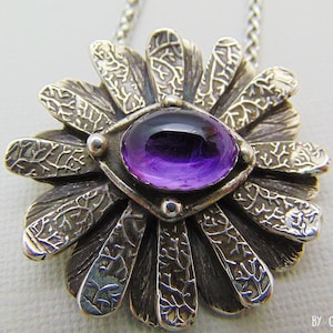 Daisy Flower 999 Fine Silver Pendant Necklace with Amethyst – Unique Handmade Floral Jewelry, Gemstone Necklace Jewelry, floral pendants