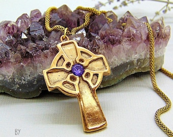 Handmade Bronze Celtic Cross Necklace: Amethyst Irish Pendant