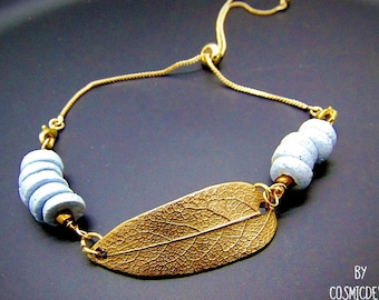 Gold Bronze Sage Leaf Bracelet: Aqua Ashanti Glass Boho Jewelry