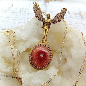 Archangel Chamuel Bronze Necklace with Pink Solar Quartz, The Archangel of Love Pendant, Guardian Angel Necklace