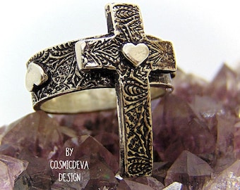 Sterling Silver Cross Ring with Heart - Christian Jewelry, Size 7 3/4
