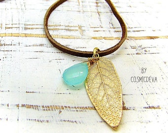 Gold Bronze Sage Leaf Necklace: Aqua Chalcedony, Leather Cord