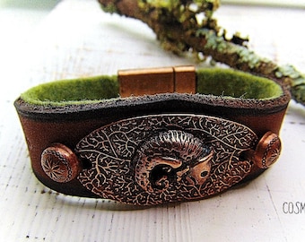 Handcrafted Leather Cuff Bracelet: Copper Chameleon, Statement Jewelry