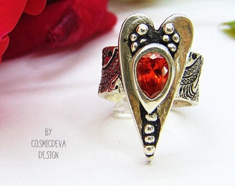 Sterling Silver Heart Ring: Red Fire Opal CZ, Wide Band, US Size 7