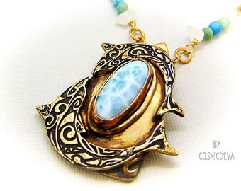 Larimar Dolphin Bronze Necklace: Aqua Jasper Beaded Chain