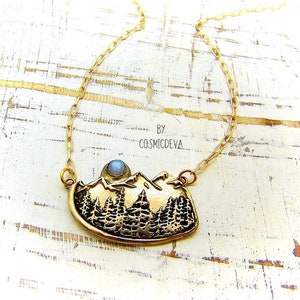 Alpine Forest Magic Mountains Moonstone Gold Bronze Necklace, Mountain Necklace, Forest Necklace, Landscape Necklace
