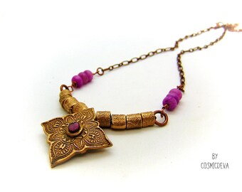 Pink Tourmaline Mandala Necklace: Bronze Floral Pendant, Yoga Jewelry