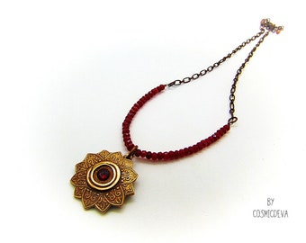 Ruby Mandala Bronze Pendant Necklace: Spiritual Floral Jewelry