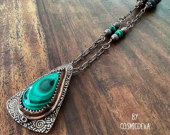 Malachite Necklace, Malachite Copper Necklace, Green Stone Pendant