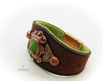 Handmade Leather Cuff Bracelet: Raw Peridot & Celtic Copper, Size 7.5 inch