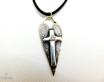 Cross on Heart Fine Silver Pendant Necklace – Handmade Christian Jewelry with Cubic Zirconia