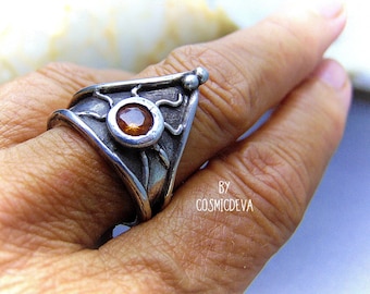 Medieval Shield Sterling Silver Ring: Citrine Statement Ring, US 7.5