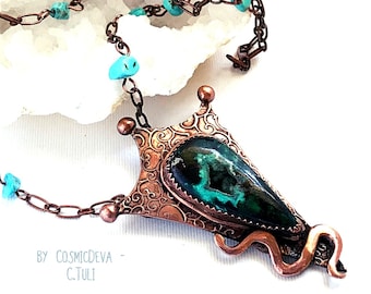 Chrysocolla Copper Snake Pendant Necklace: Oxidized Rustic Jewelry