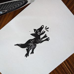 I AM DOG - handmade printed lino print linocut black and white animal cartoon linocut