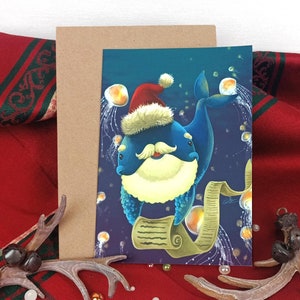 Paquet multiple de cartes de Noël avec le père Noël et les baleines, carte de Noël avec des baleines, carte de Noël vierge, jolie carte de Noël, carte de Noël originale