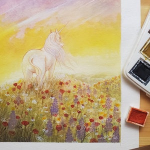 Einhorn Kunst, Einhorn Malerei, Aquarell, Fantasy Kunst, Letztes Einhorn, Fantasy Illustration, Wildflower Art, OOAK Fantasy Gemälde
