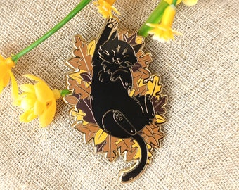 Pin de esmalte de gato negro, broche de gatito, pasador de esmalte animal lindo, pasador de solapa Neko, pasador de esmalte de otoño, arte brujo, Cottagecore, pasador de gato lindo
