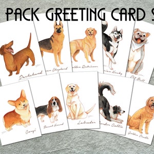Cartões de felicitações para cães, coleção mista de 10 pacotes, cartão de felicitações em branco, ilustração original em aquarela para amantes de cães