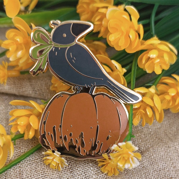 Crow Enamel Pin, Corvid Brooch, Cute Animal Enamel Pin, Fall Lapel Pin, Autumn Enamel Pin, Raven Enamel Pin, Pumpkin Art, Cute Fall Crow
