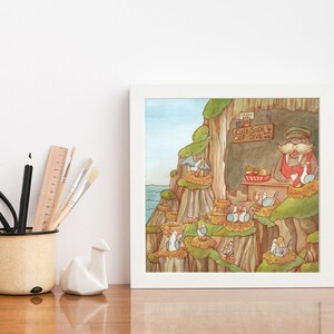 Peut inclure: Une illustration aquarelle d'un morse portant une chemise rouge et blanche à rayures et un chapeau blanc, debout derrière un comptoir avec une pancarte qui indique "Cliff Side Chip Dive". Le morse sert un groupe d'oiseaux sur une falaise.