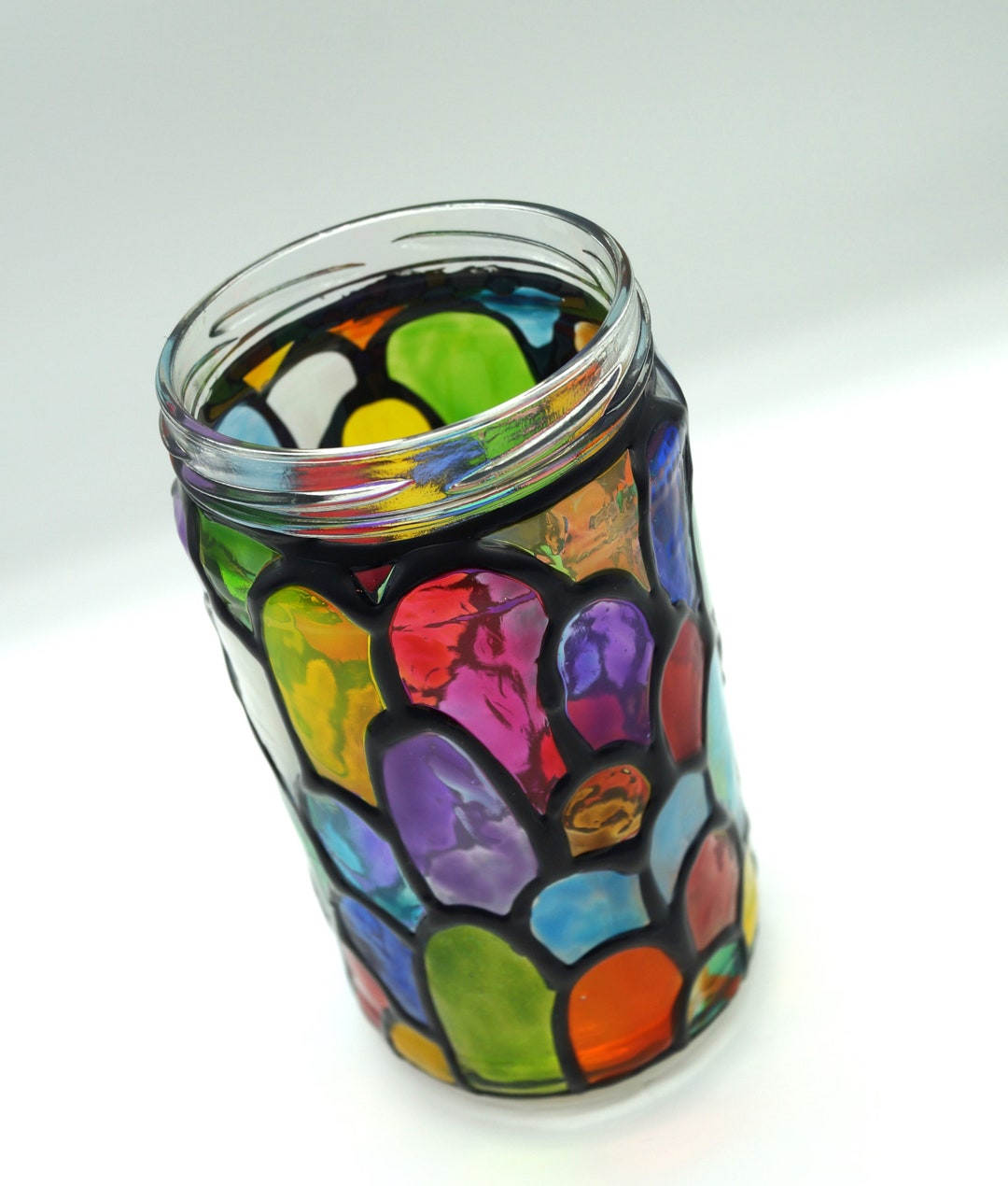 Large Bohemian Abstract Candle Holder Bright Colors Faux Stained Glass