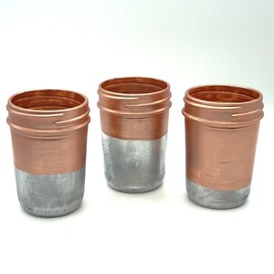 Trio of Rose Gold Jars, Antiqued Mirror Cup, Small Hand-painted mirror bottle, desk drawer organizers